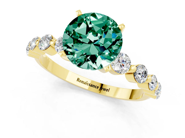Yellow gold Round Cut Solitaire Green Sapphire Ring with Pave Band and Four-Prong Setting