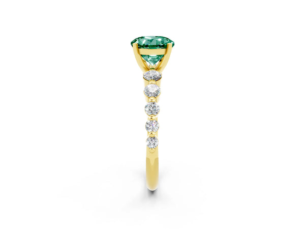 Yellow gold Round Cut Solitaire Green Sapphire Ring with Pave Band and Four-Prong Setting