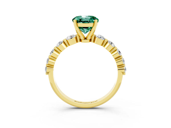 Yellow gold Round Cut Solitaire Green Sapphire Ring with Pave Band and Four-Prong Setting