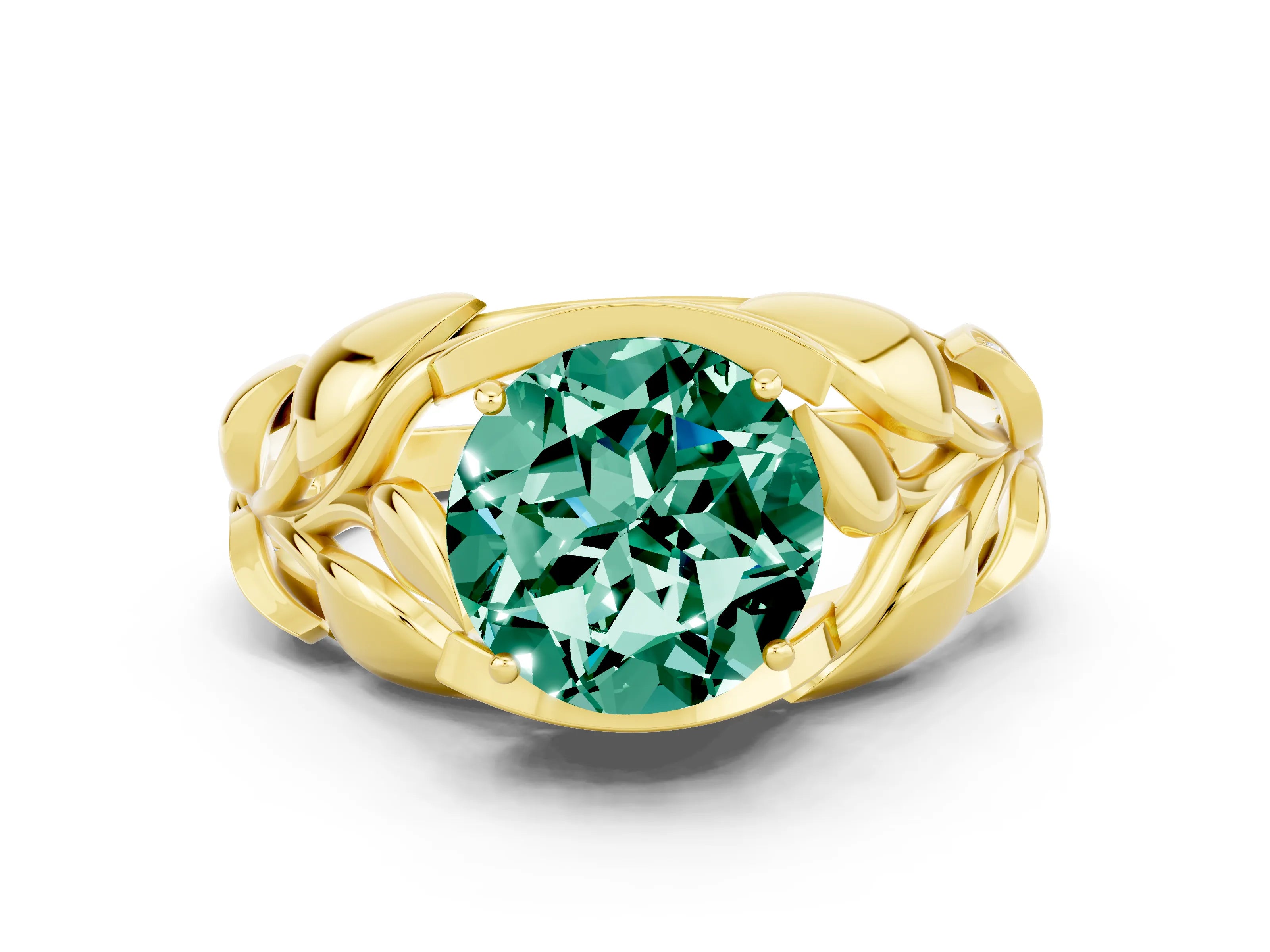 Yellow gold Round Cut Solitaire Leaf-Inspired Engagement Ring with Prong Setting
