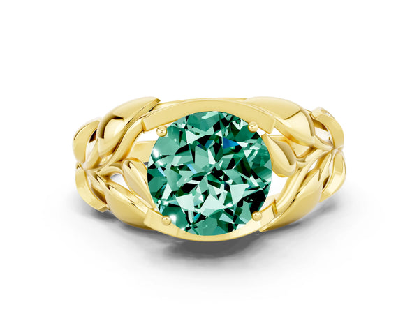 Yellow gold Round Cut Green Sapphire Leaf-Inspired Engagement Ring with Round Accents and Prong Setting