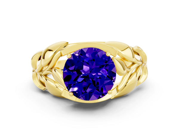 Yellow gold Round Cut Tanzanite Leaf-Inspired Engagement Ring with Round Accents and Prong Setting