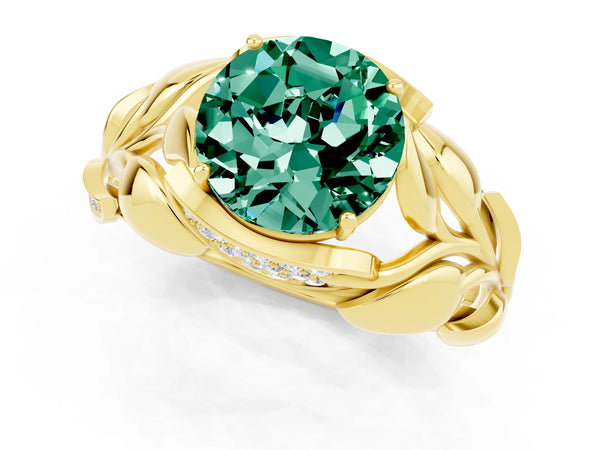 Yellow gold Round Cut Green Sapphire Leaf-Inspired Engagement Ring with Round Accents and Prong Setting