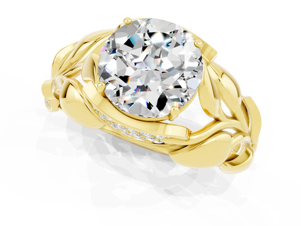 Yellow gold Round Cut Moissanite Leaf-Inspired Engagement Ring with Round Accents and Prong Setting