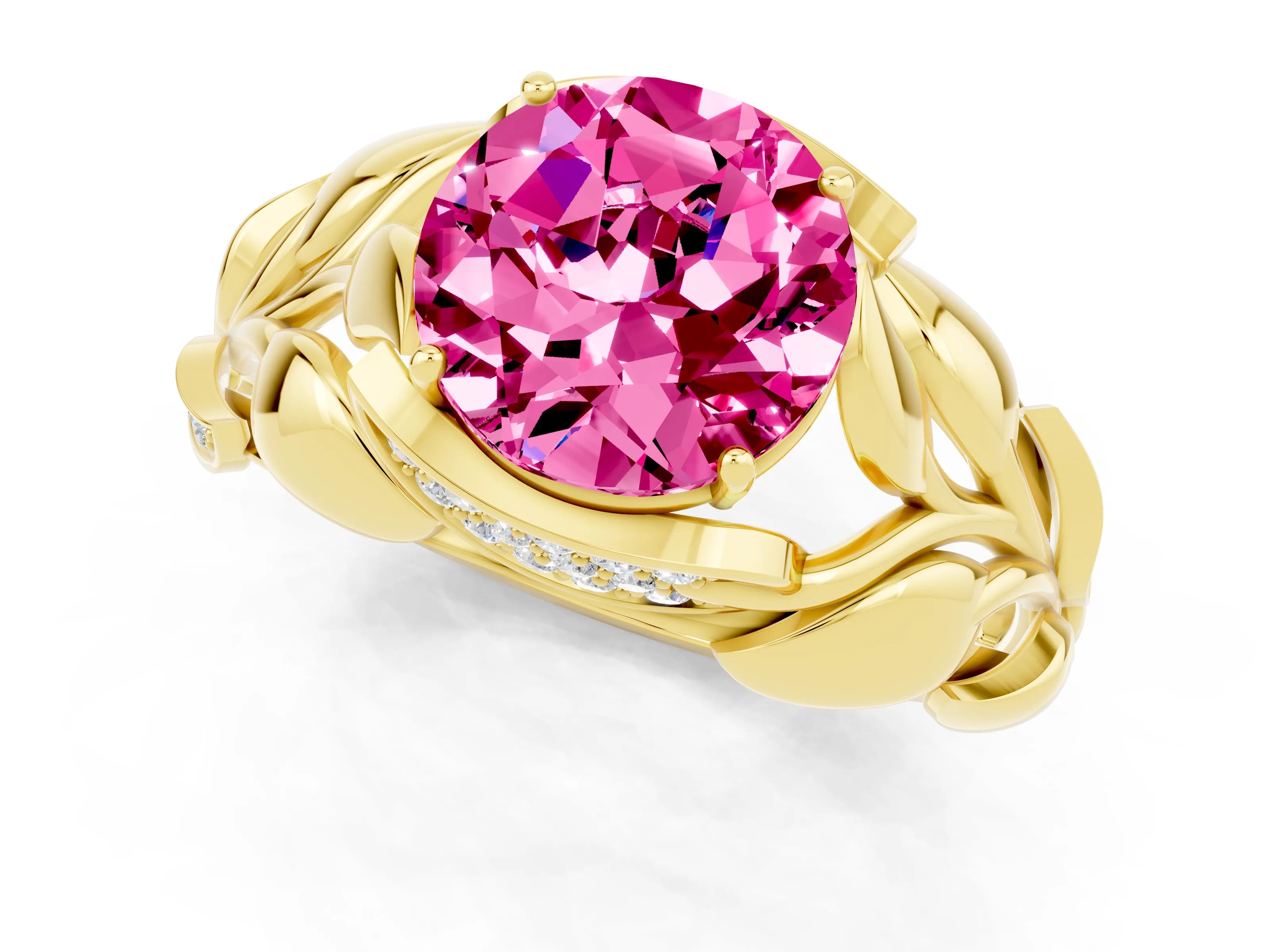 Yellow gold Round Cut Solitaire Leaf-Inspired Engagement Ring with Prong Setting_1