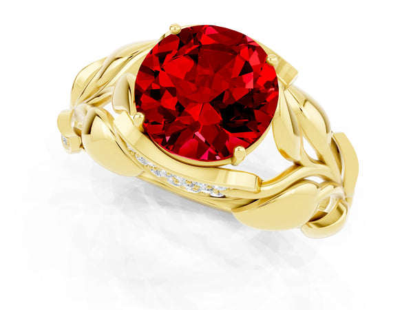 Yellow gold Round Cut Ruby Leaf-Inspired Engagement Ring with Round Accents and Prong Setting