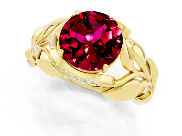 Yellow gold Round Cut Garnet Leaf-Inspired Engagement Ring with Round Accents and Prong Setting