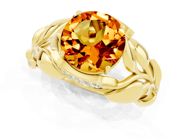 Yellow gold Round Cut Citrine Leaf-Inspired Engagement Ring with Round Accents and Prong Setting