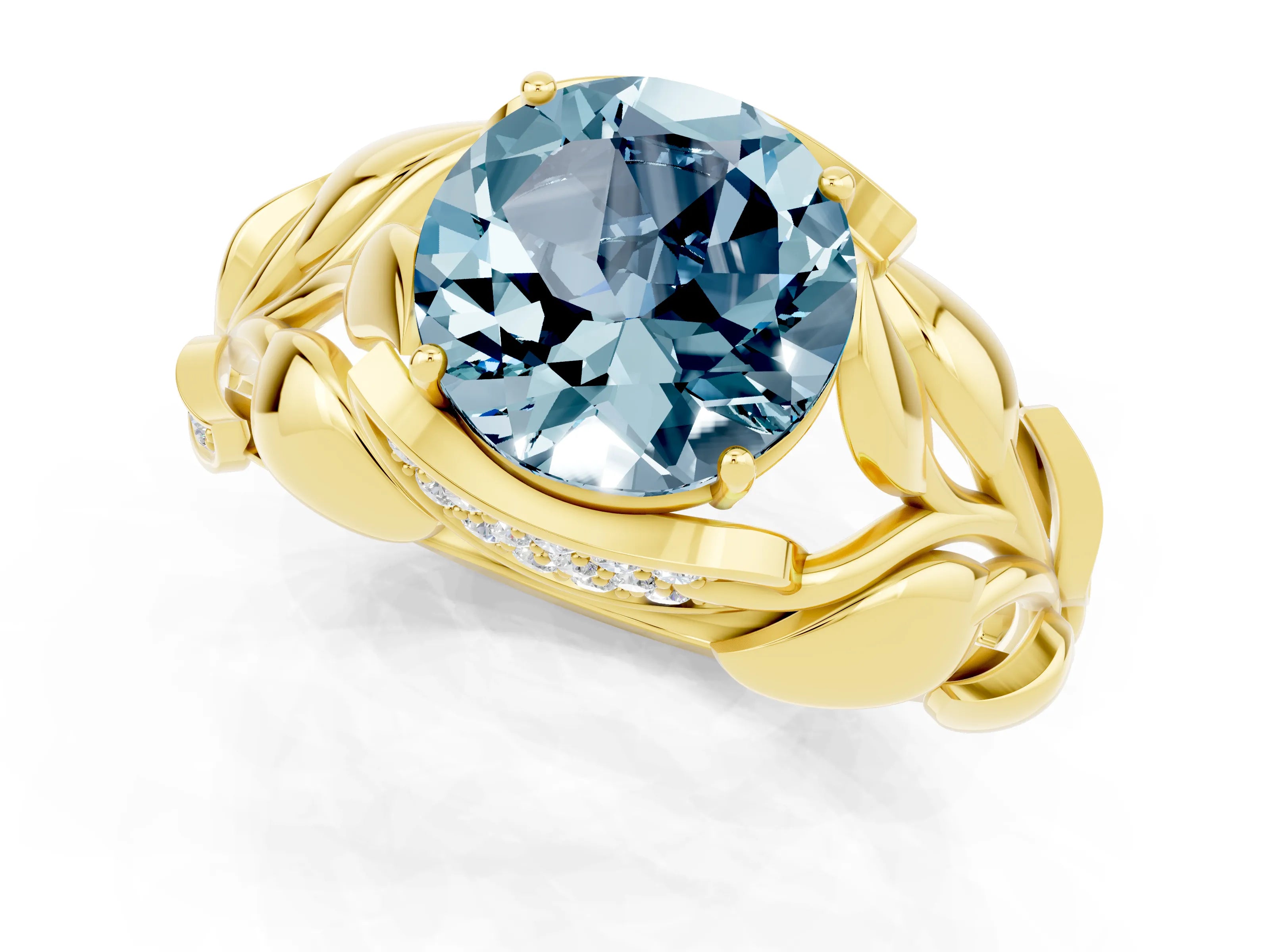 Yellow gold Round Cut Solitaire Leaf-Inspired Engagement Ring with Prong Setting_1