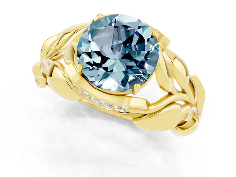 Yellow gold Round Cut Solitaire Leaf-Inspired Engagement Ring with Prong Setting_1
