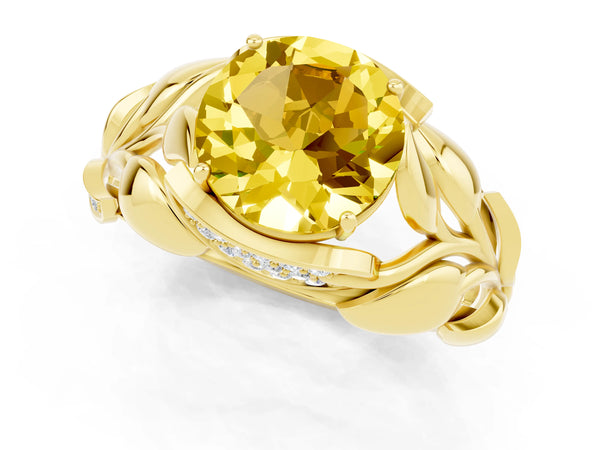 Yellow gold Round Cut Yellow Sapphire Leaf-Inspired Engagement Ring with Round Accents and Prong Setting