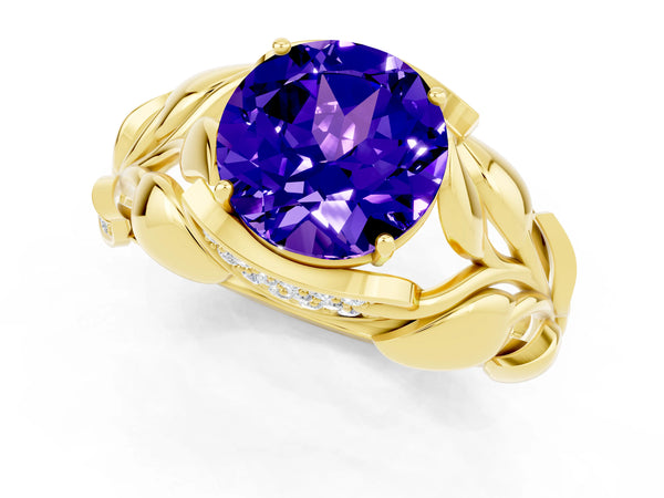 Yellow gold Round Cut Tanzanite Leaf-Inspired Engagement Ring with Round Accents and Prong Setting
