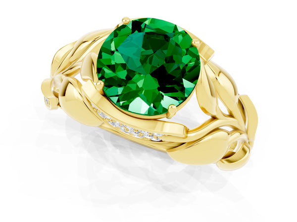 Yellow gold Round Cut Emerald Leaf-Inspired Engagement Ring with Round Accents and Prong Setting