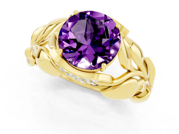 Yellow gold Round Cut Amethyst Leaf-Inspired Engagement Ring with Round Accents and Prong Setting