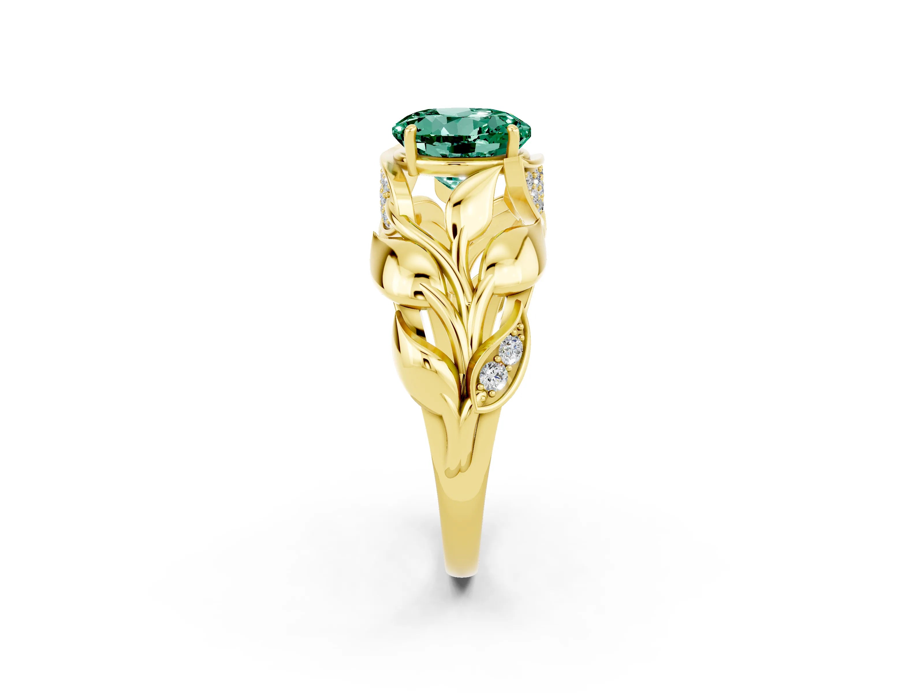 Yellow gold Round Cut Solitaire Leaf-Inspired Engagement Ring with Prong Setting_2