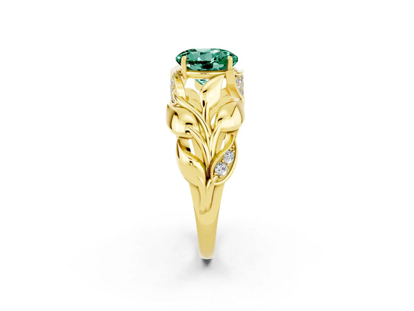 Yellow gold Round Cut Green Sapphire Leaf-Inspired Engagement Ring with Round Accents and Prong Setting