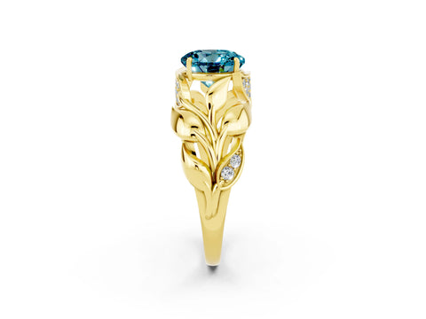 Yellow gold Round Cut Solitaire Leaf-Inspired Engagement Ring with Prong Setting_2