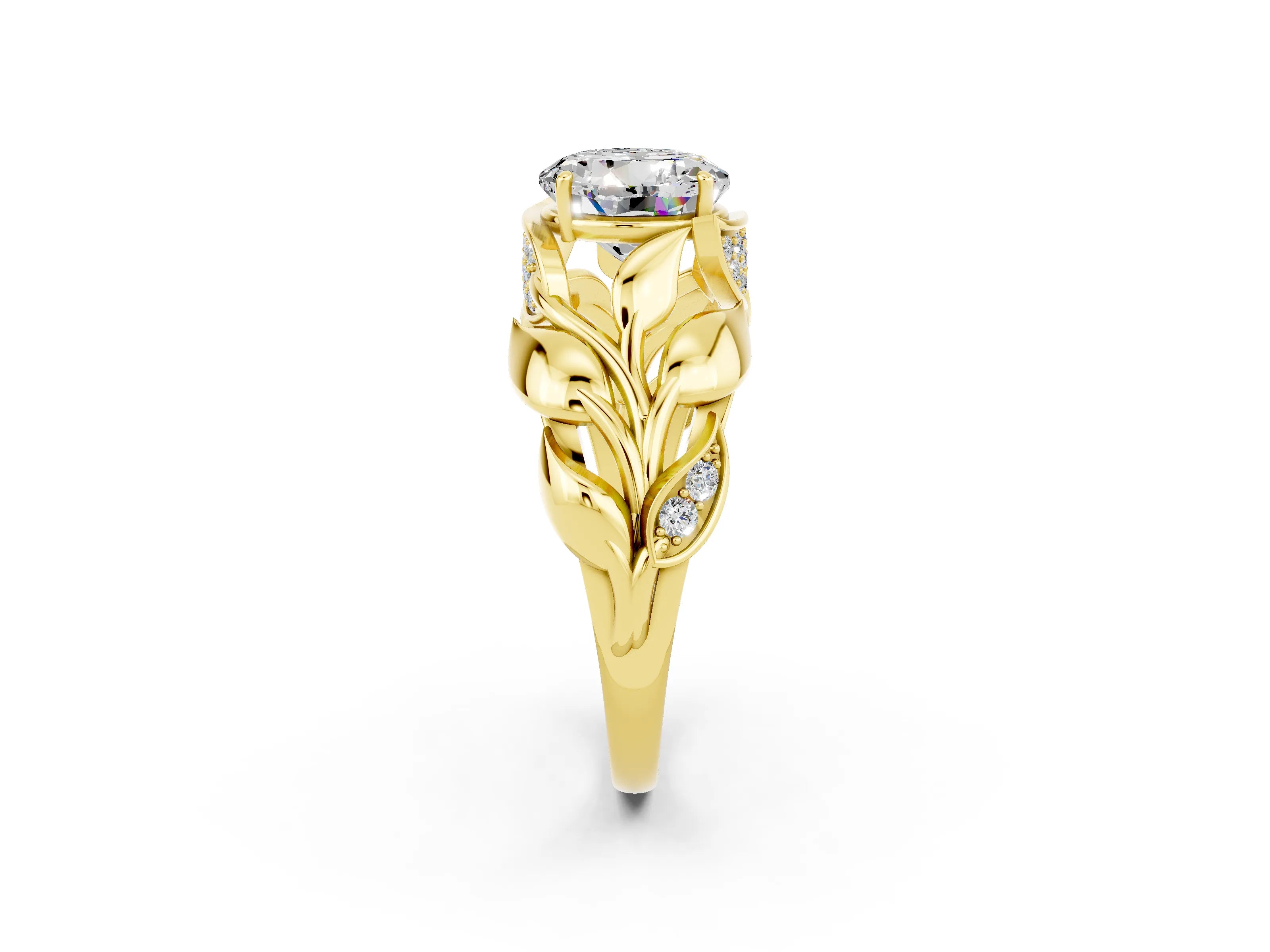 Yellow gold Round Cut Solitaire Leaf-Inspired Engagement Ring with Prong Setting_2
