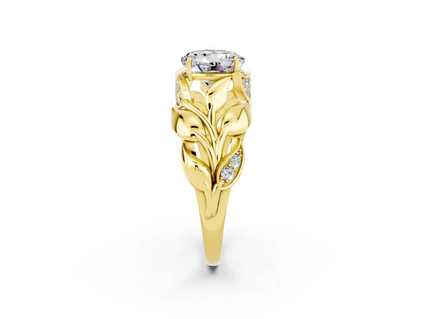 Yellow gold Round Cut Moissanite Leaf-Inspired Engagement Ring with Round Accents and Prong Setting