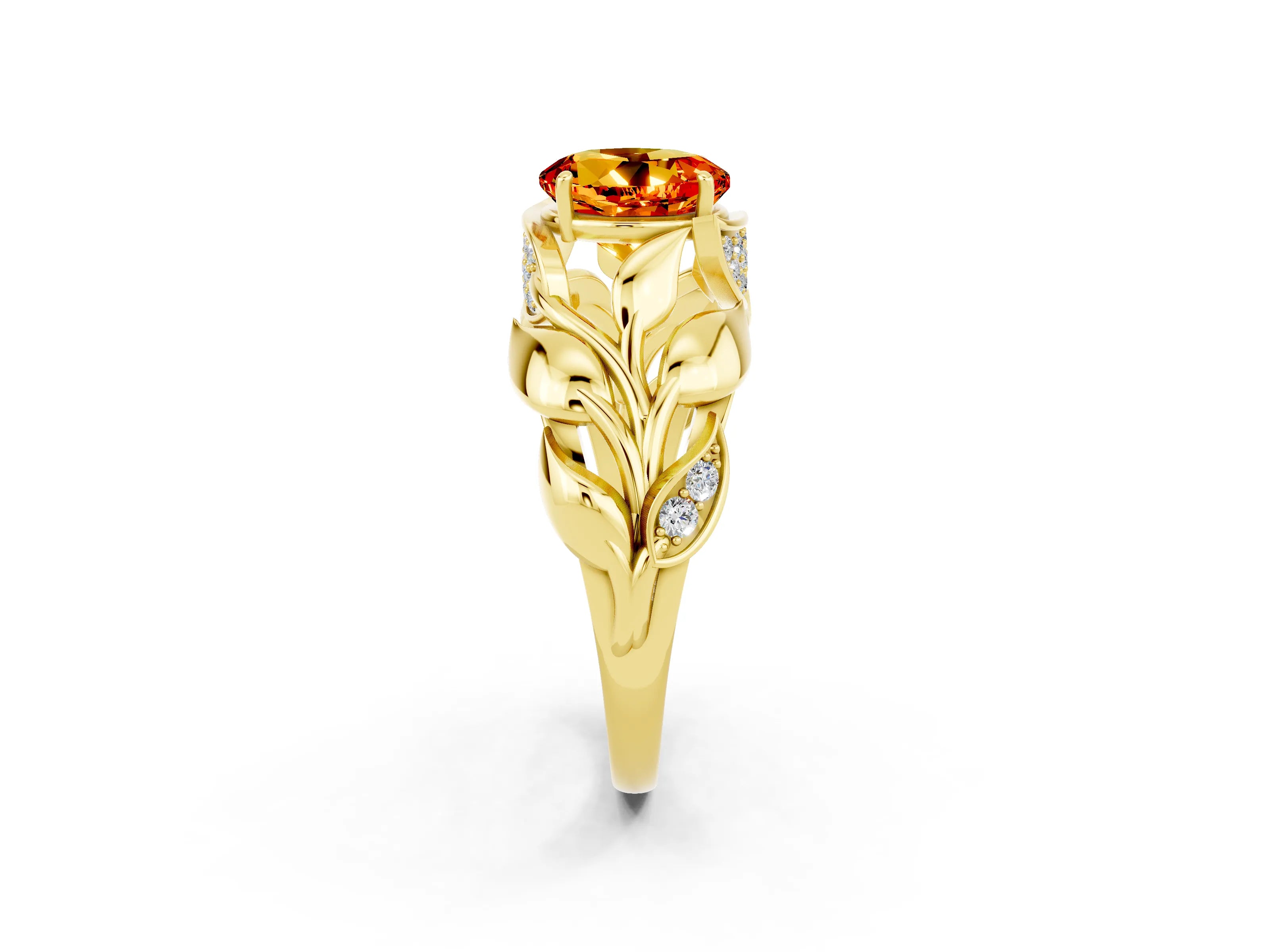Yellow gold Round Cut Solitaire Leaf-Inspired Engagement Ring with Prong Setting_2