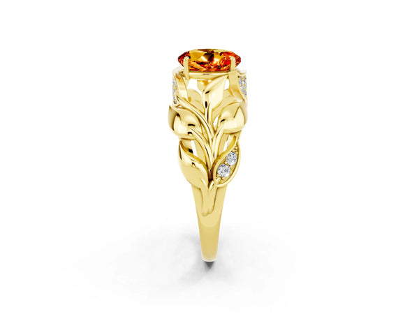 Yellow gold Round Cut Citrine Leaf-Inspired Engagement Ring with Round Accents and Prong Setting