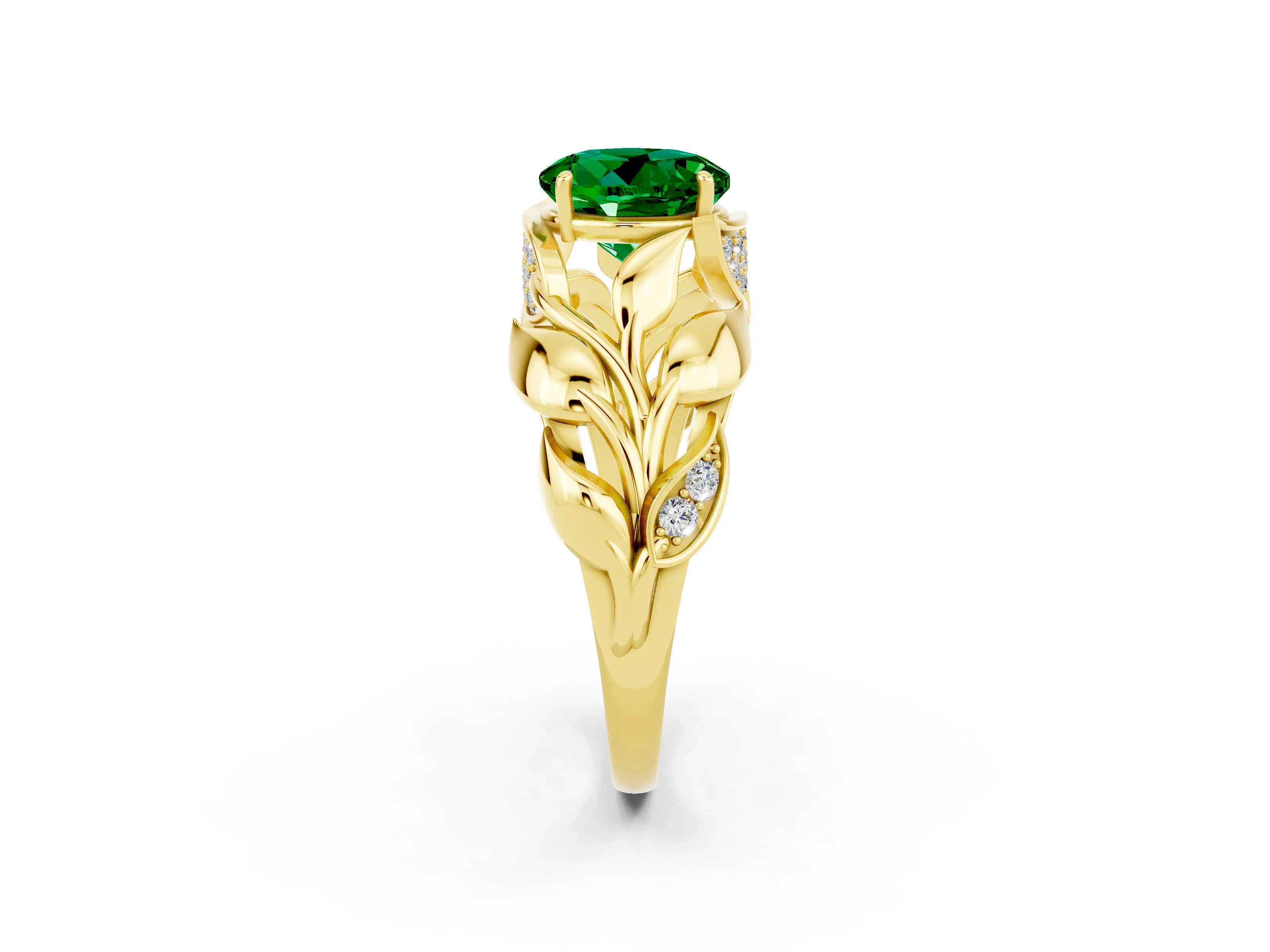 Yellow gold Round Cut Solitaire Leaf-Inspired Engagement Ring with Prong Setting_2