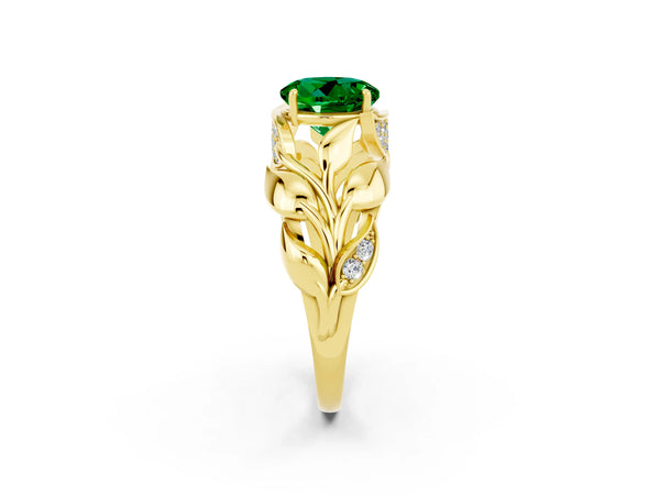 Yellow gold Round Cut Emerald Leaf-Inspired Engagement Ring with Round Accents and Prong Setting