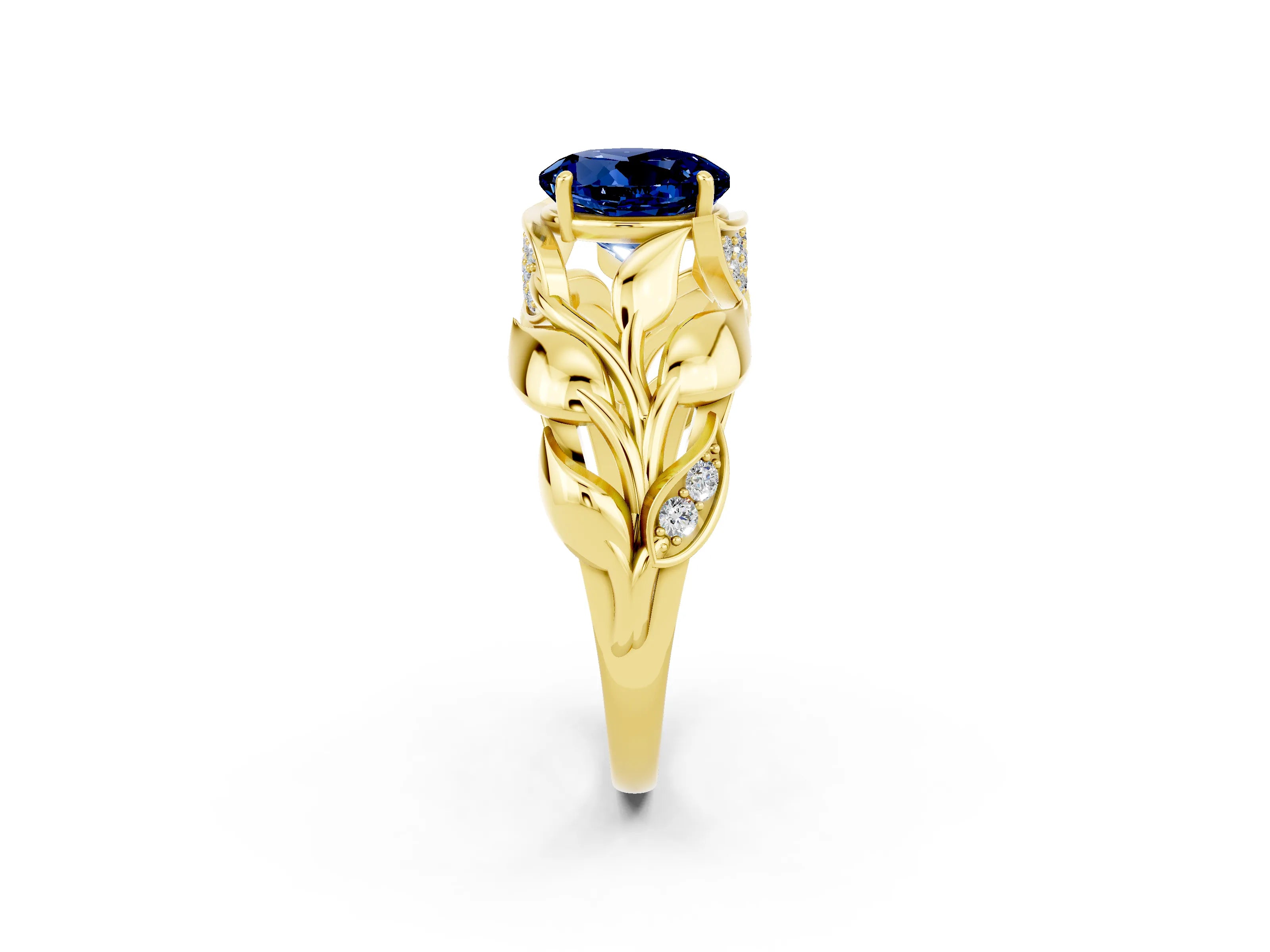 Yellow gold Round Cut Solitaire Leaf-Inspired Engagement Ring with Prong Setting_2