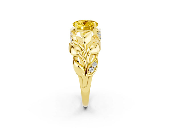 Yellow gold Round Cut Yellow Sapphire Leaf-Inspired Engagement Ring with Round Accents and Prong Setting