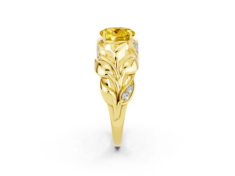 Yellow gold Round Cut Solitaire Leaf-Inspired Engagement Ring with Prong Setting_2