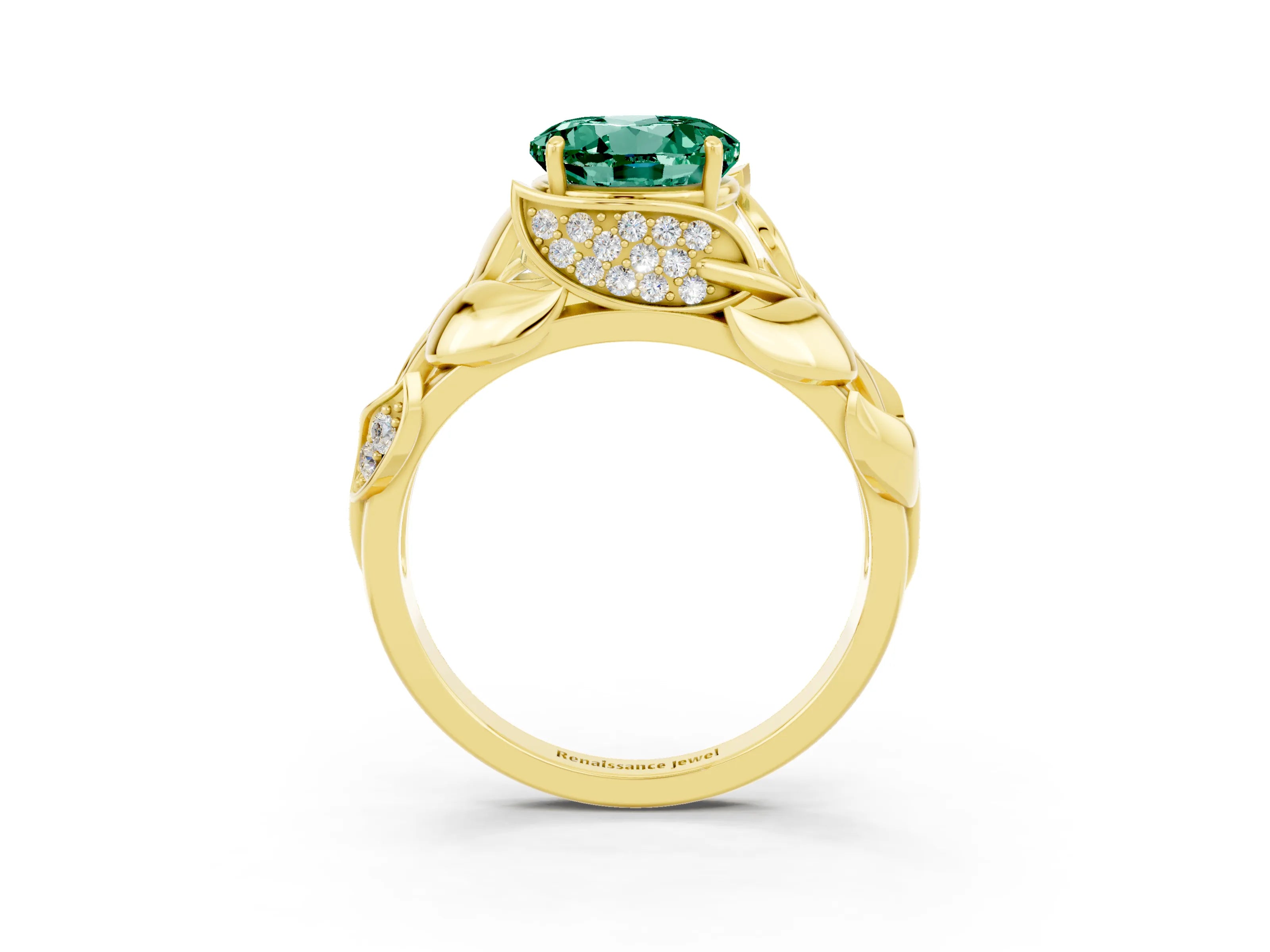 Yellow gold Round Cut Solitaire Leaf-Inspired Engagement Ring with Prong Setting_3
