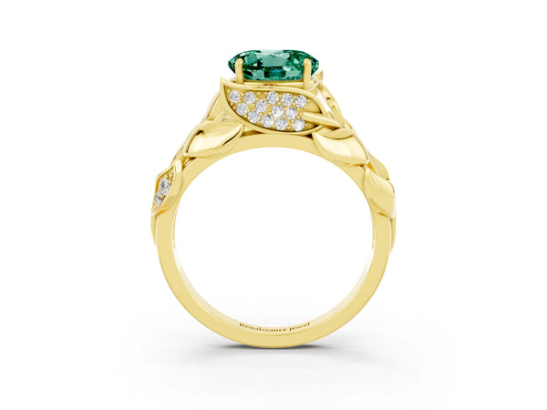 Yellow gold Round Cut Green Sapphire Leaf-Inspired Engagement Ring with Round Accents and Prong Setting