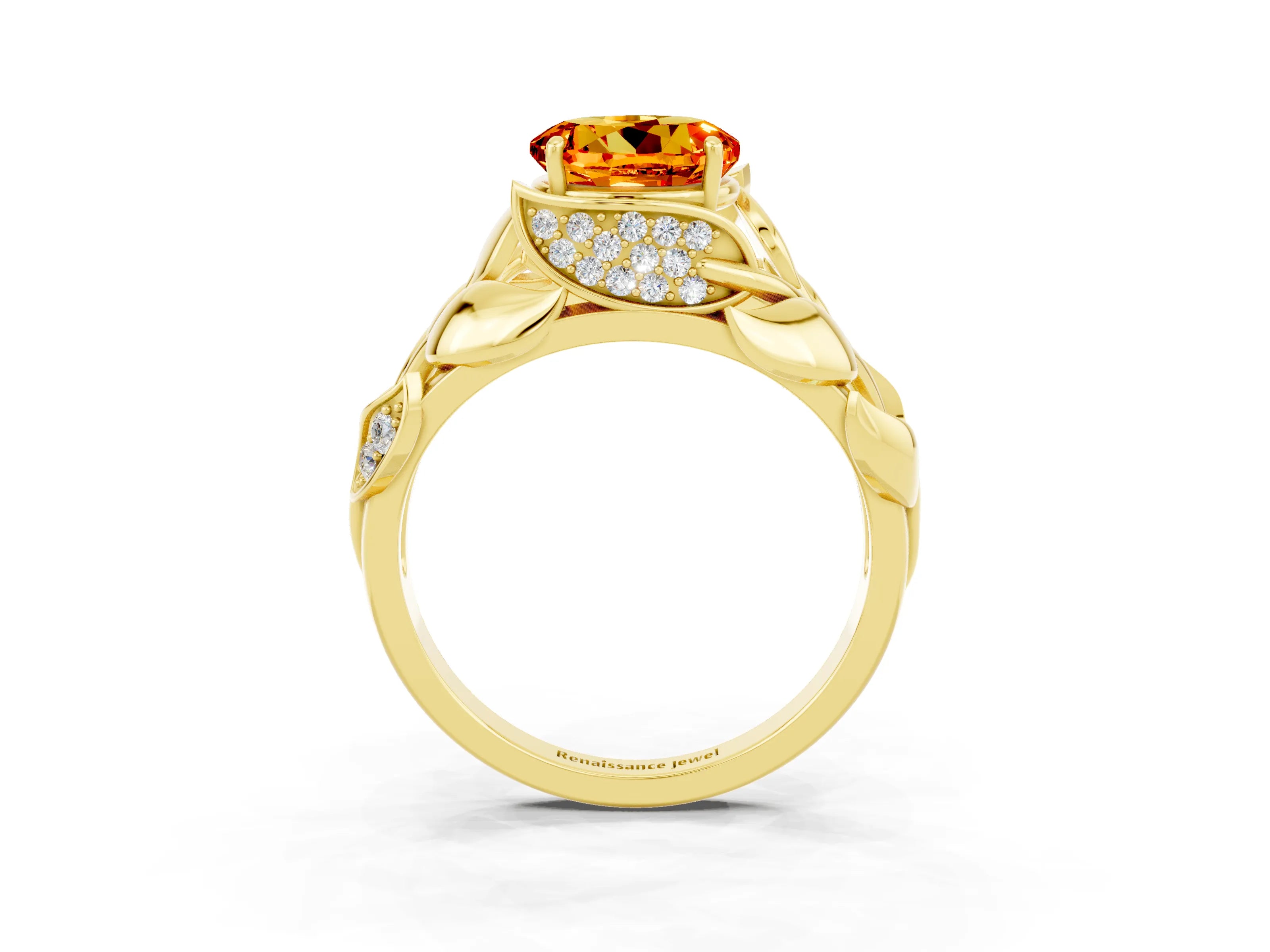 Yellow gold Round Cut Solitaire Leaf-Inspired Engagement Ring with Prong Setting_3
