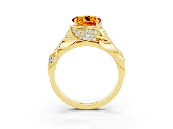 Yellow gold Round Cut Citrine Leaf-Inspired Engagement Ring with Round Accents and Prong Setting