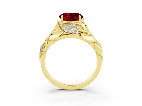 Yellow gold Round Cut Ruby Leaf-Inspired Engagement Ring with Round Accents and Prong Setting