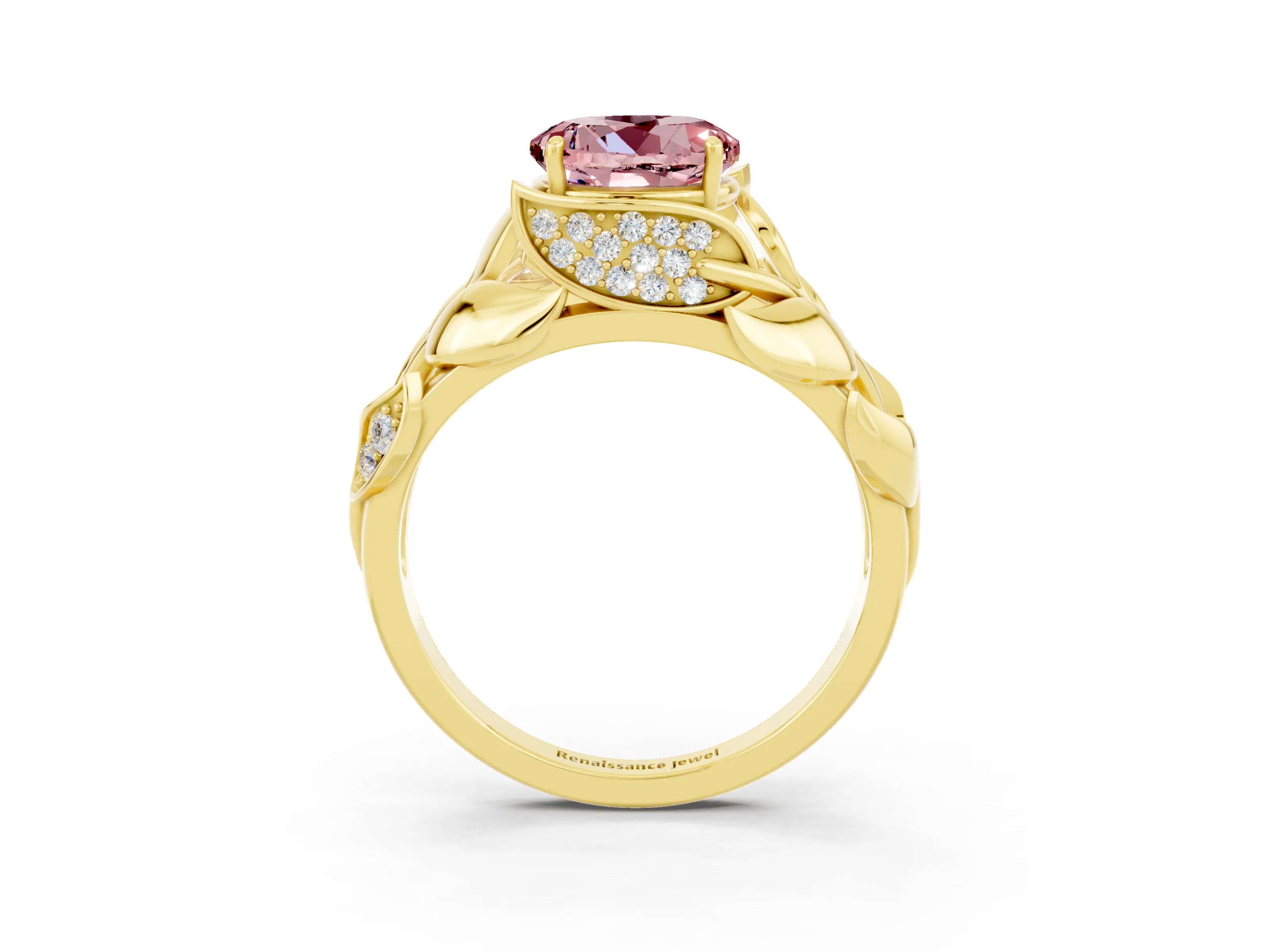 Yellow gold Round Cut Solitaire Leaf-Inspired Engagement Ring with Prong Setting_3