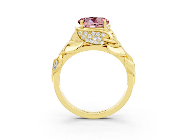 Yellow gold Round Cut Solitaire Leaf-Inspired Engagement Ring with Prong Setting