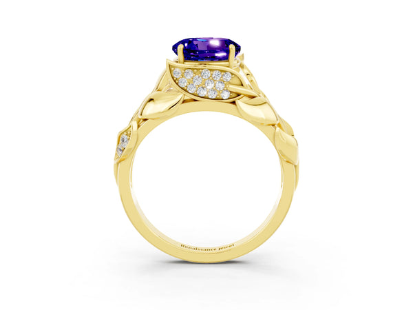 Yellow gold Round Cut Tanzanite Leaf-Inspired Engagement Ring with Round Accents and Prong Setting