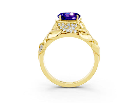 Yellow gold Round Cut Solitaire Leaf-Inspired Engagement Ring with Prong Setting_3