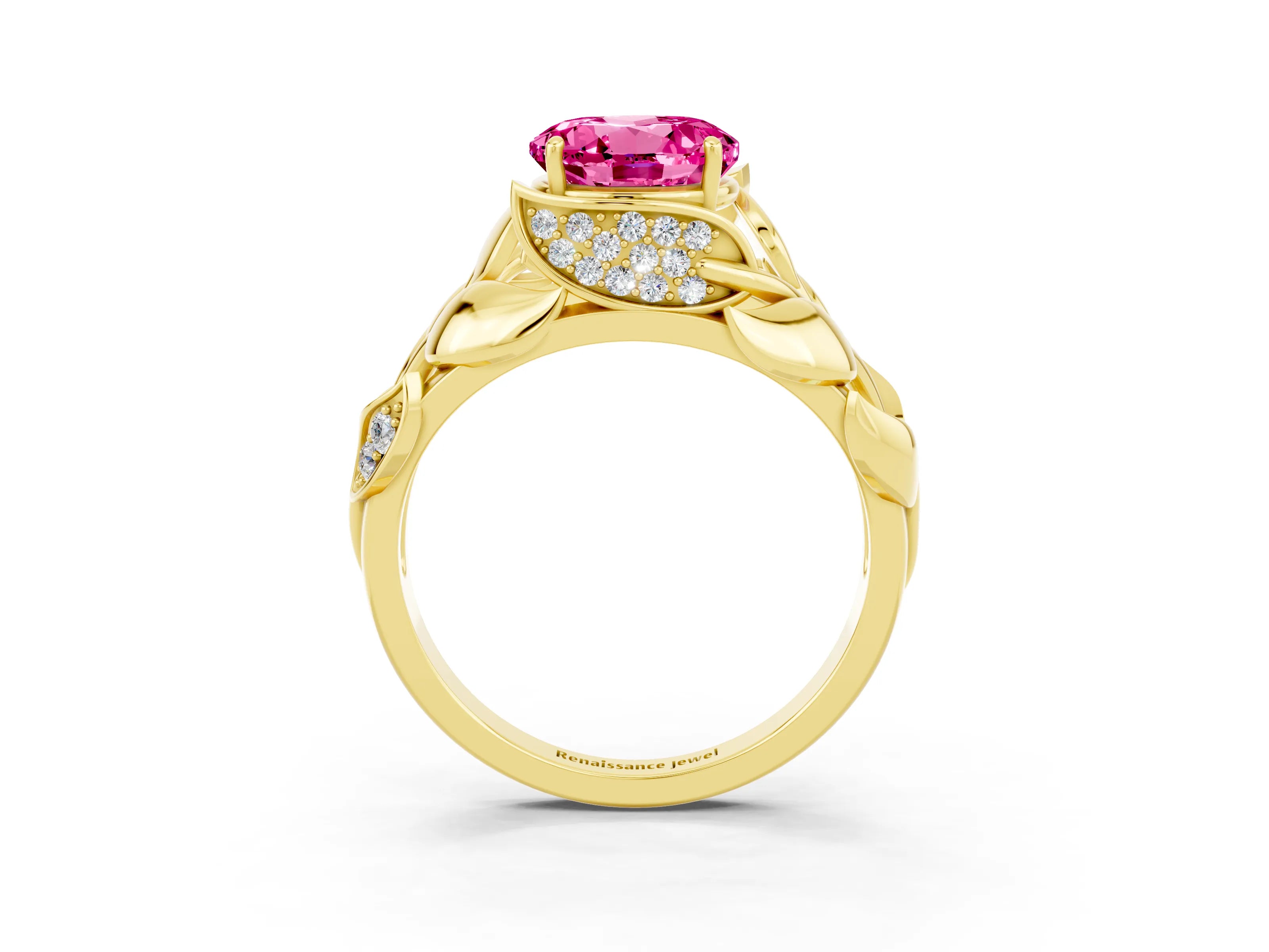 Yellow gold Round Cut Solitaire Leaf-Inspired Engagement Ring with Prong Setting_3