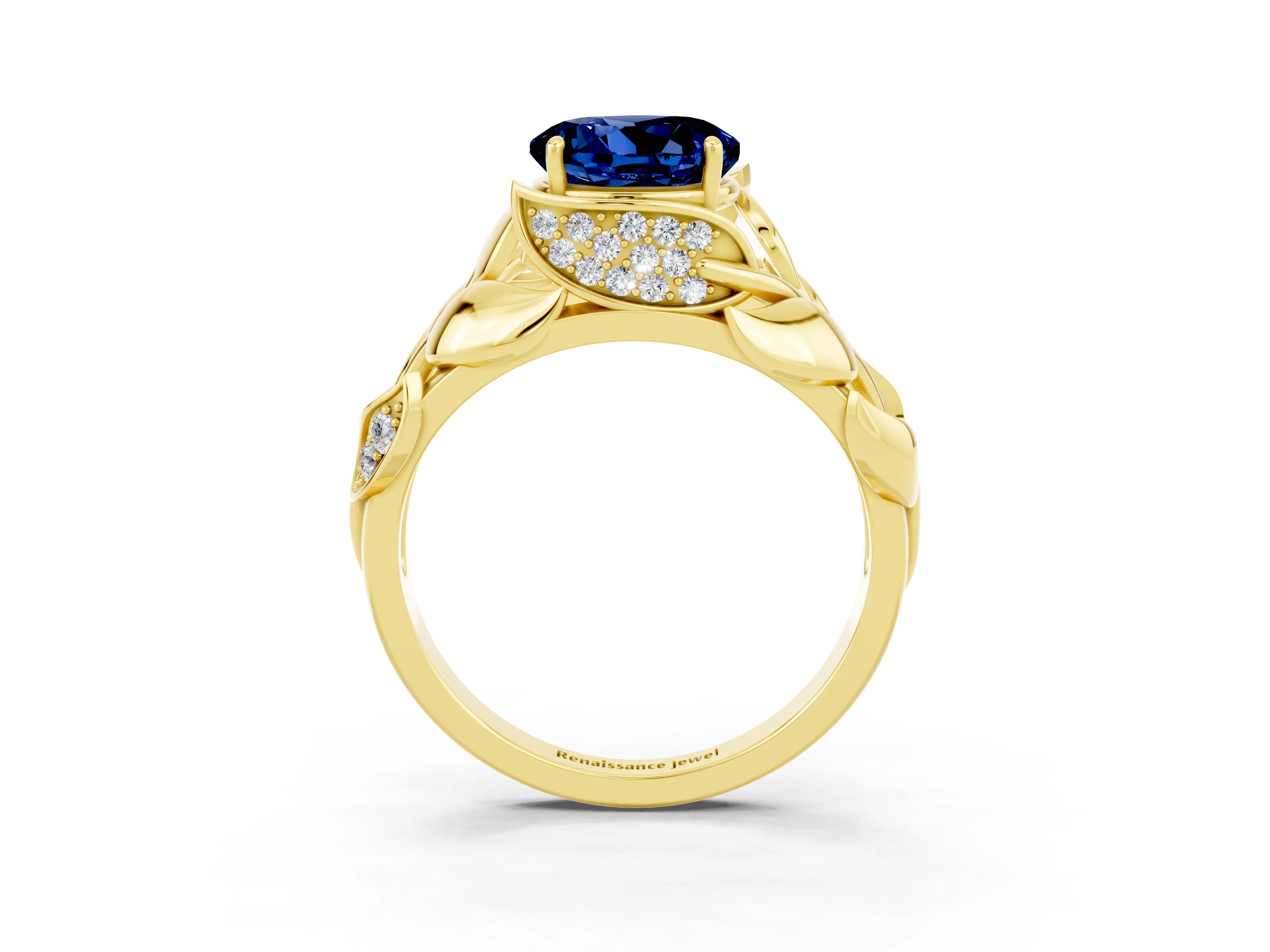 Yellow gold Round Cut Solitaire Leaf-Inspired Engagement Ring with Prong Setting_3