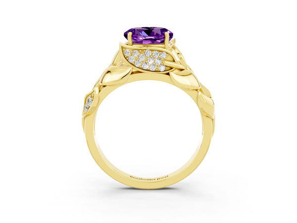 Yellow gold Round Cut Amethyst Leaf-Inspired Engagement Ring with Round Accents and Prong Setting