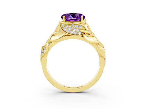 Yellow gold Round Cut Solitaire Leaf-Inspired Engagement Ring with Prong Setting_3