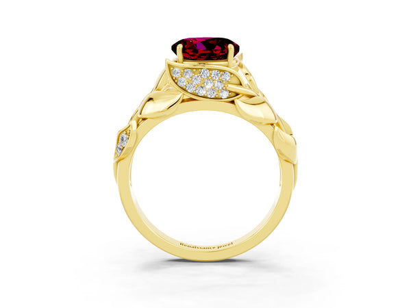 Yellow gold Round Cut Garnet Leaf-Inspired Engagement Ring with Round Accents and Prong Setting