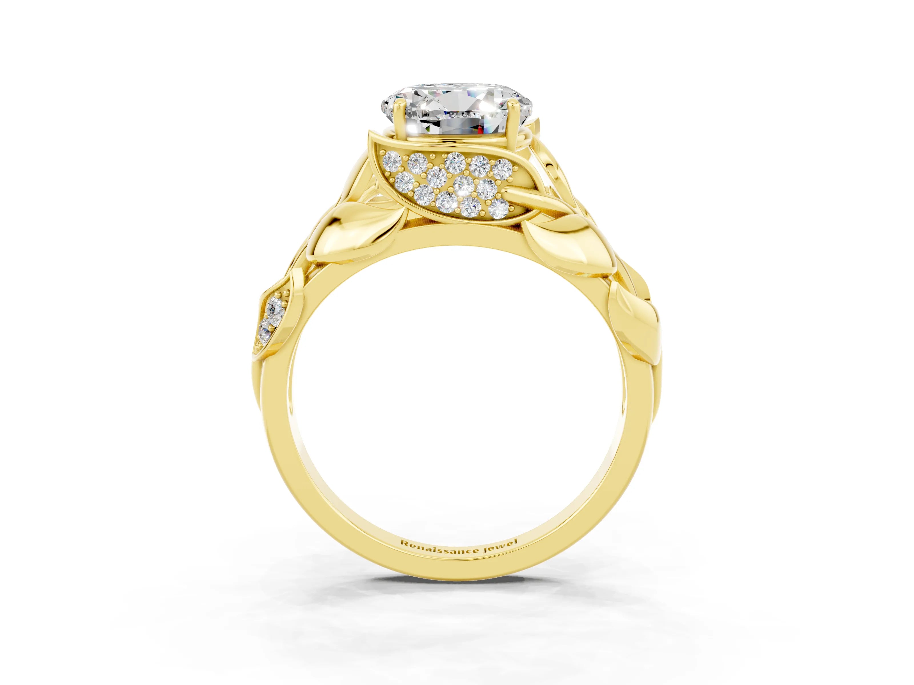 Yellow gold Round Cut Solitaire Leaf-Inspired Engagement Ring with Prong Setting_3