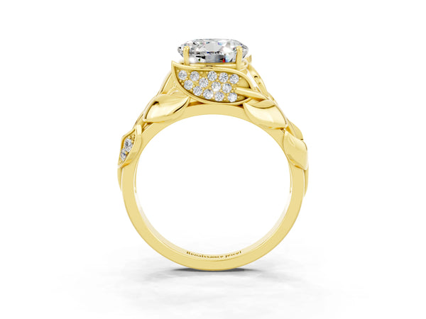 Yellow gold Round Cut Moissanite Leaf-Inspired Engagement Ring with Round Accents and Prong Setting