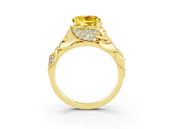 Yellow gold Round Cut Yellow Sapphire Leaf-Inspired Engagement Ring with Round Accents and Prong Setting