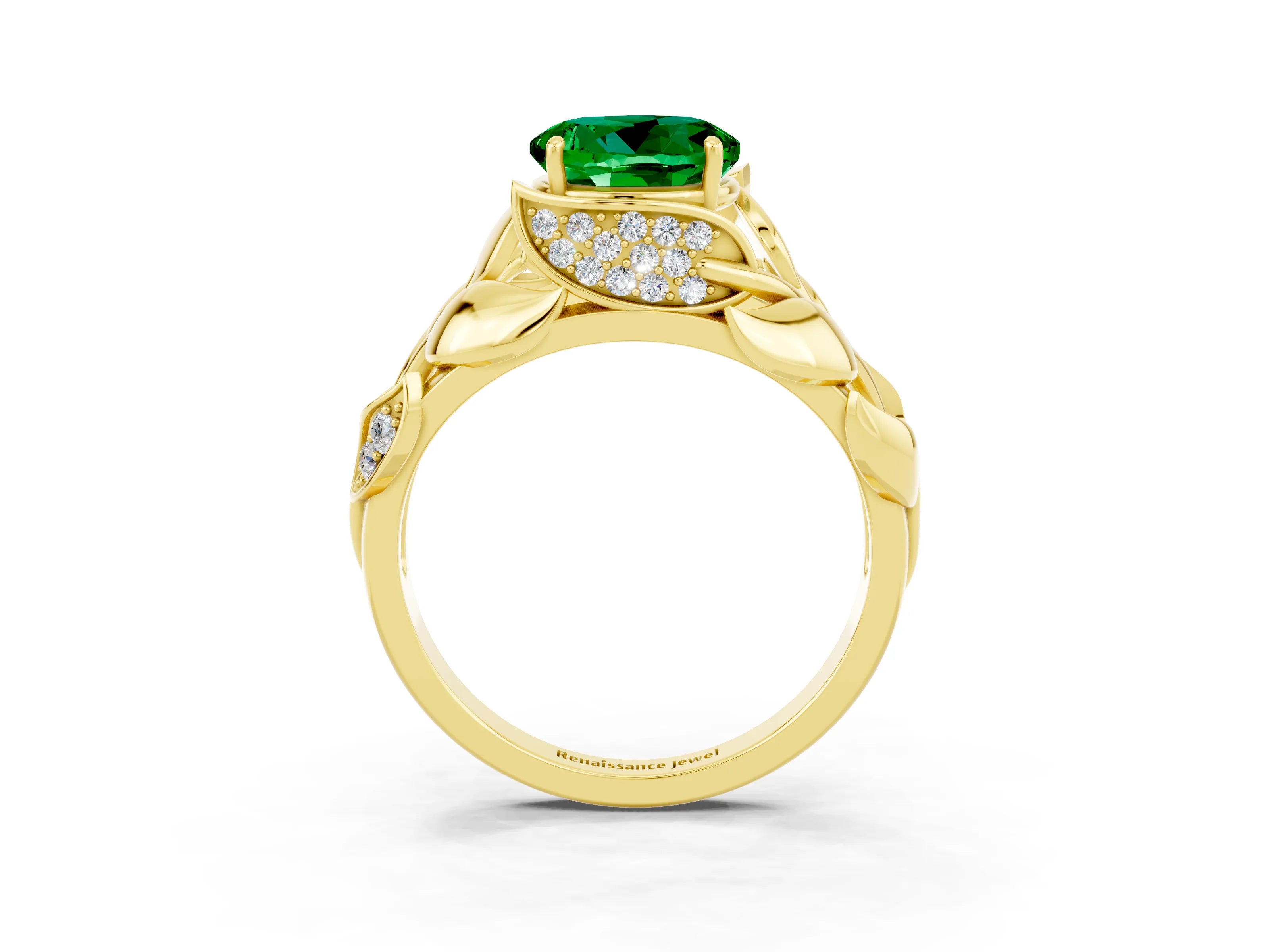 Yellow gold Round Cut Solitaire Leaf-Inspired Engagement Ring with Prong Setting_3