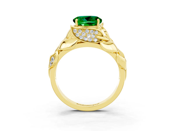 Yellow gold Round Cut Emerald Leaf-Inspired Engagement Ring with Round Accents and Prong Setting