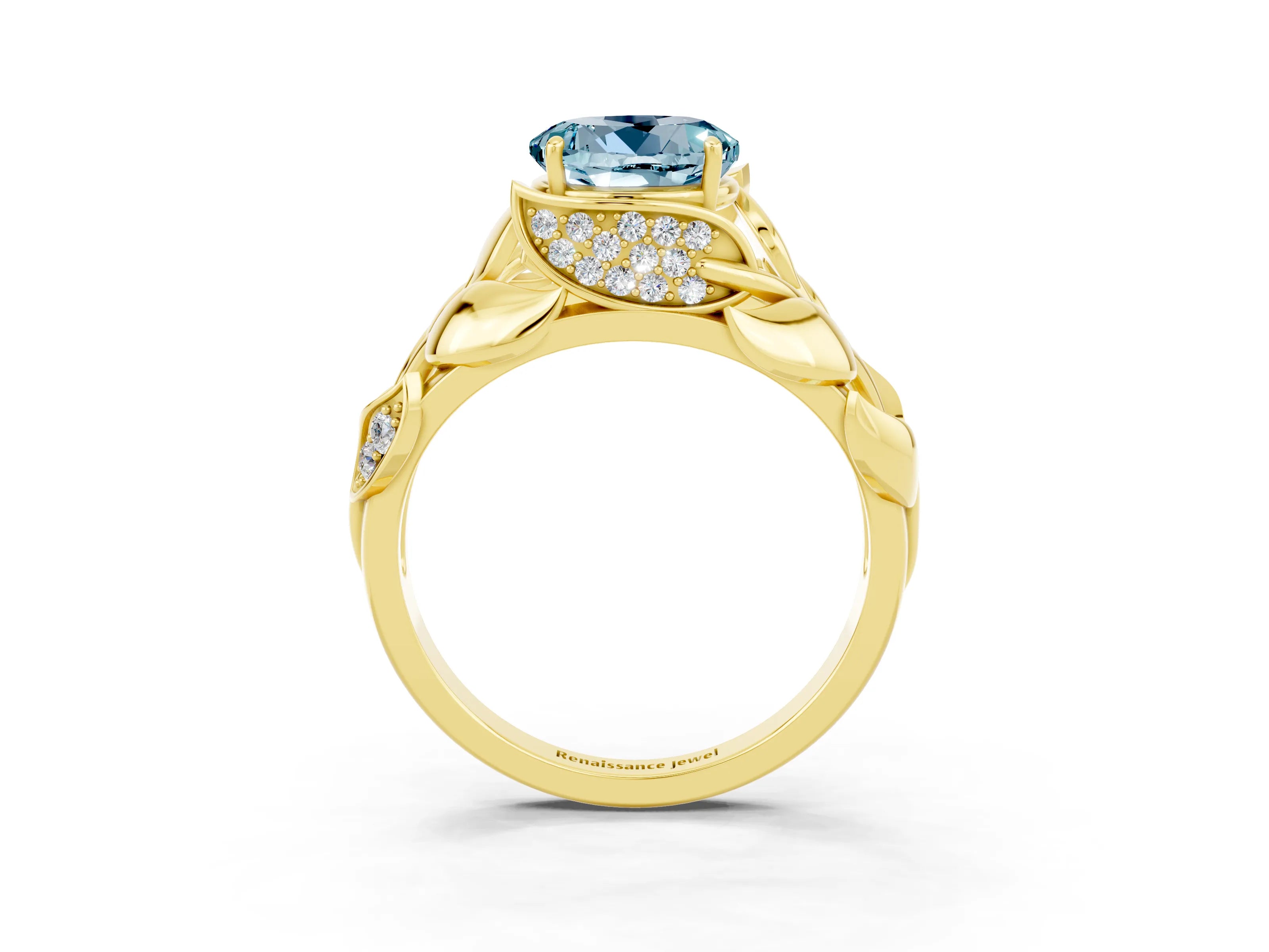 Yellow gold Round Cut Solitaire Leaf-Inspired Engagement Ring with Prong Setting_3